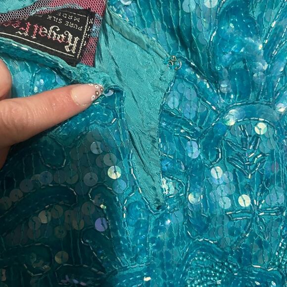 Vtg Turquoise Seguin Floral Applique Sheer Panel Blouse And Skirt Coord Set L - Picture 9 of 9